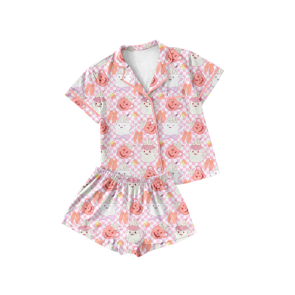 (Custom Design Preorder MOQ 5 Each Design) Cup Spooky Candy Print Halloween Buttons Pajamas Sets Mom and Me Matching Clothes