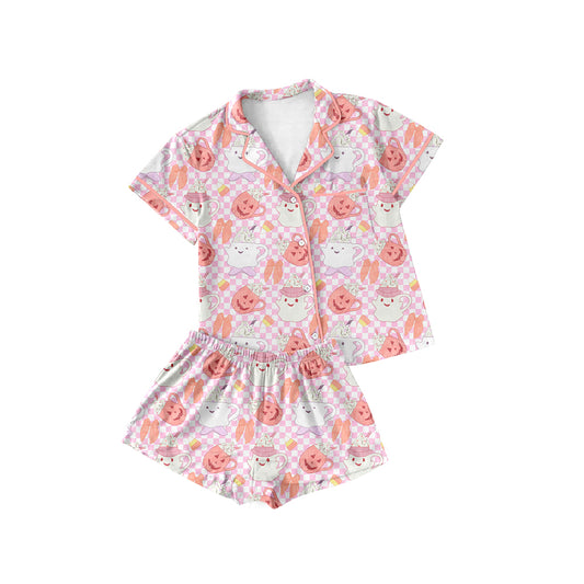 (Custom Design Preorder MOQ 5 Each Design) Cup Spooky Candy Print Halloween Buttons Pajamas Sets Mom and Me Matching Clothes