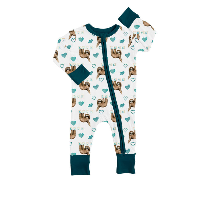 (Custom Design Preorder MOQ 5) Blue Sloth Love Heart Print Baby Kids Sleeper Zipper Romper