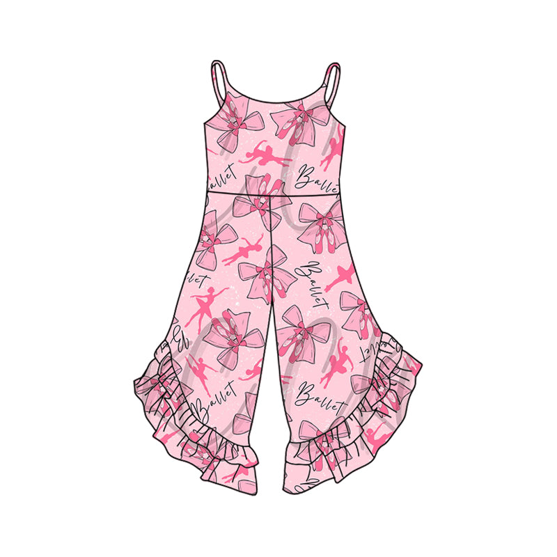 2.26(Custom Design Preorder MOQ 5) Dancer Pink Bows Print Girls Summer Jumpsuits