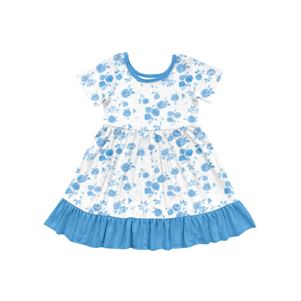 12.10(Custom Design Preorder MOQ 5) Blue Flowers Print Girls Summer Knee Length Dress