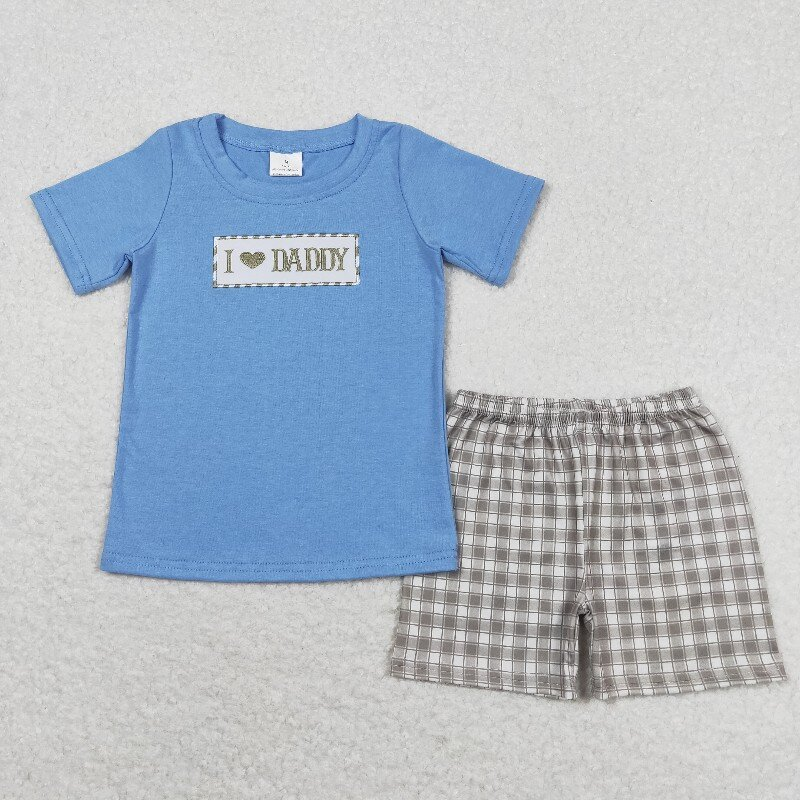I LOVE DADDY Embroidery Plaid Print Brothers Father's Day Matching Clothes