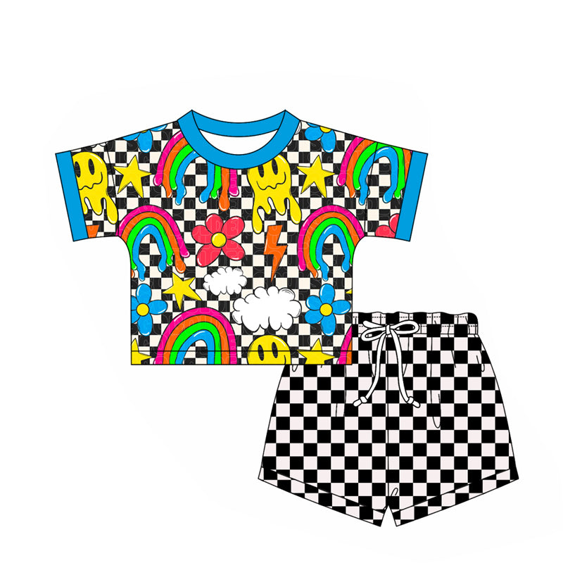 2.24(Custom Design Preorder MOQ 5) Rainbow Top Plaid Shorts Kids 4th of July Clothes Set