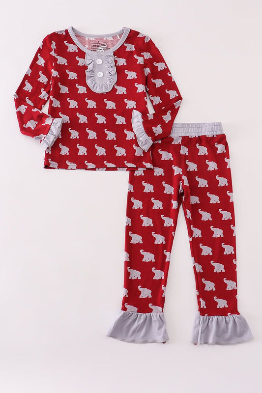 (Custom Design Preorder MOQ 5) Team's Alabama Elephant Print Girls Fall Pajamas Clothes Set