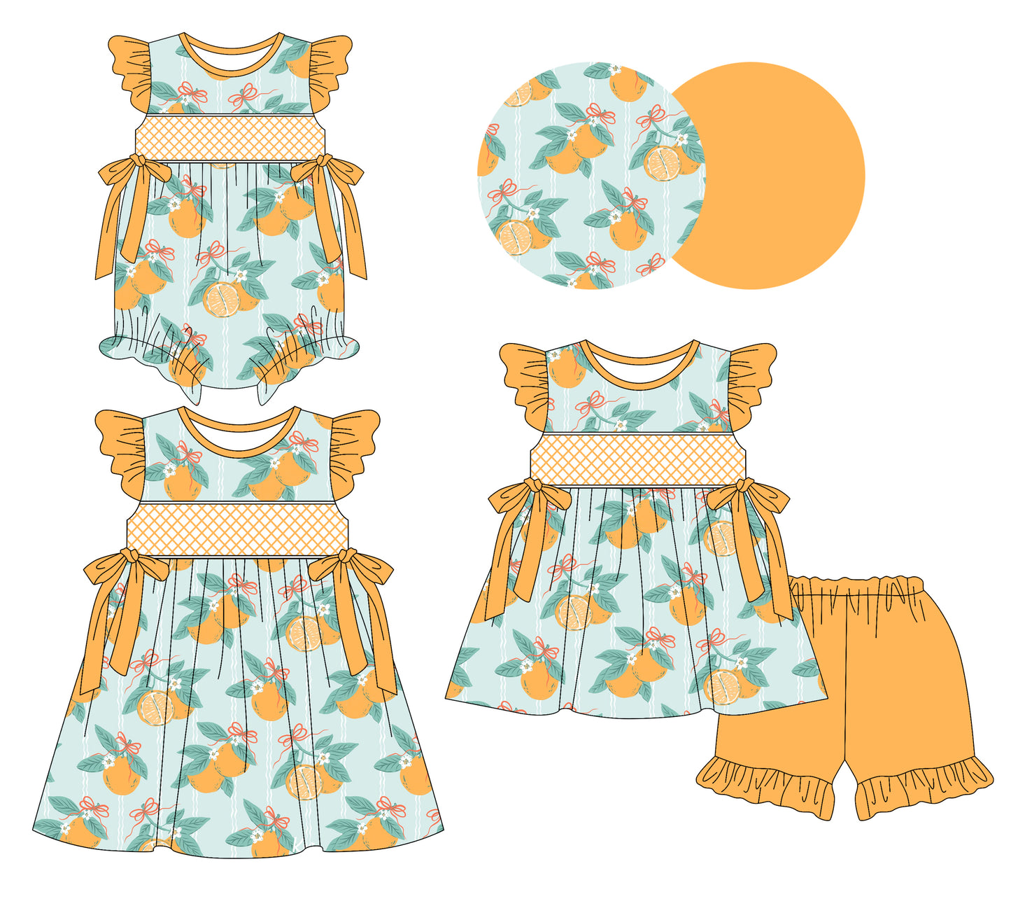 3.10(Custom Design Preorder MOQ 5 Each Design) Orange Print Girls Summer Matching Clothes Sisters Wear
