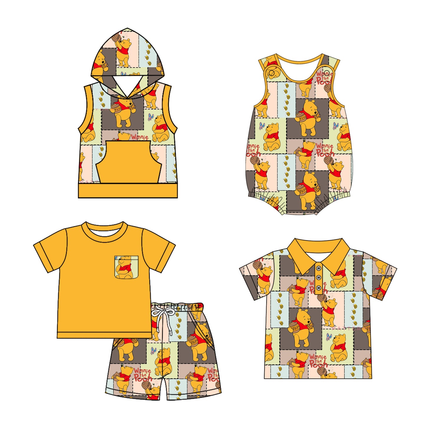 2.22(Custom Design Preorder MOQ 5 Each Design) Cartoon Bear Bee Print Boys Summer Matching Clothes Brothers Wear