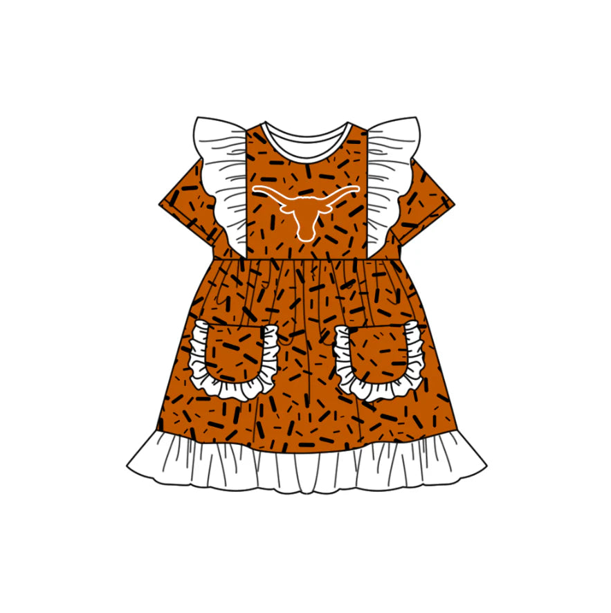 (Custom Design Preorder MOQ 5) Team's Texas Longhorns Sprinkles Print Pockets Girls Summer Knee Length Dress