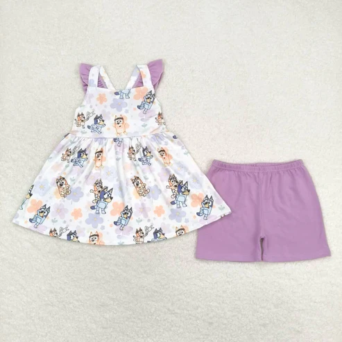 Cartoon Dog Flowers Print Sisters Summer Matching Clothes