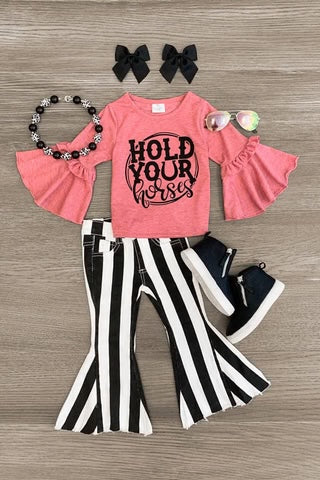 (Custom Design Preorder MOQ 5) Hold Your Horse Top Black Stripes Denim Jeans Girls Clothes Set