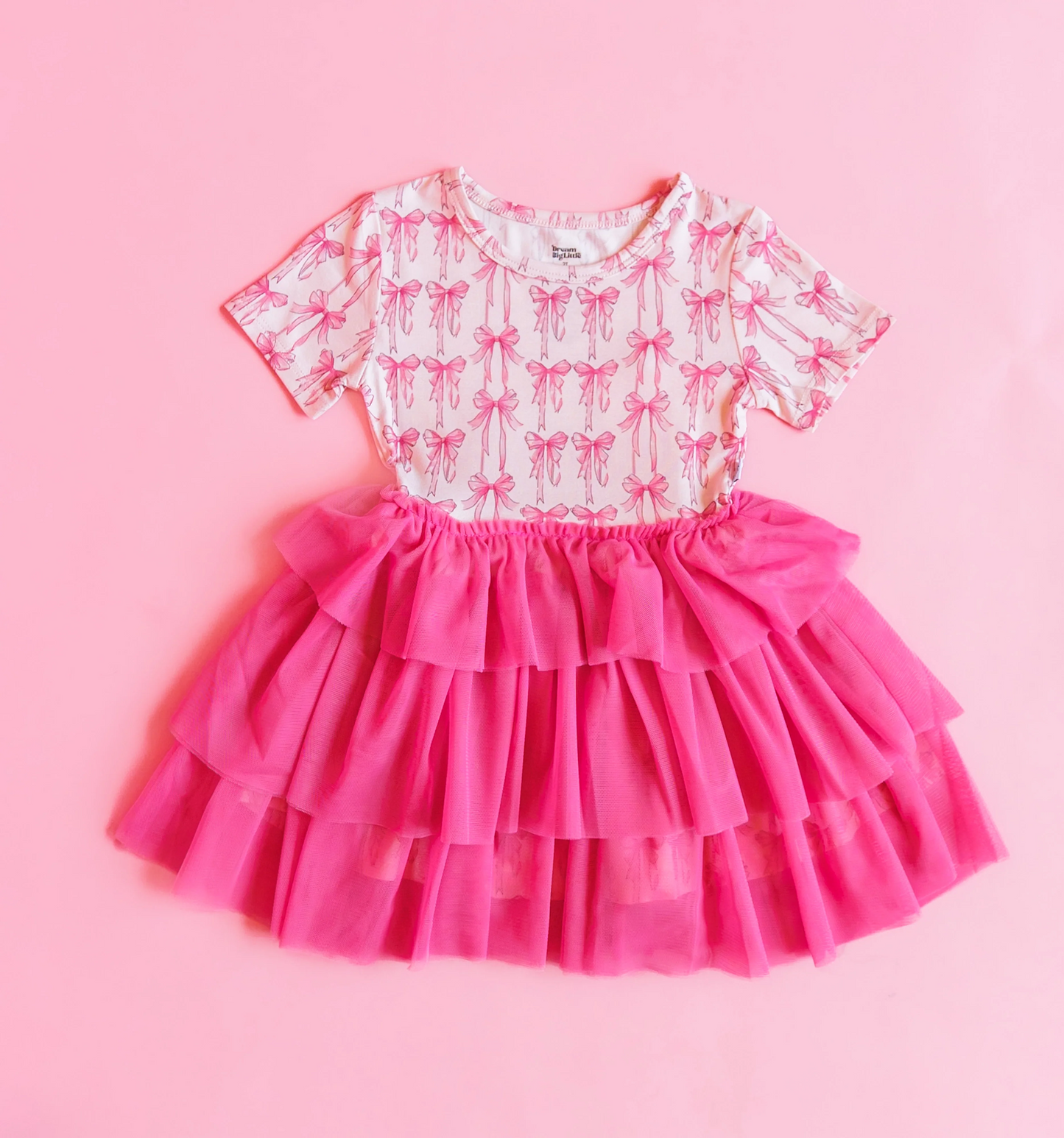 (Custom Design Preorder MOQ 5) Pink Bows Print Girls Knee Length Tulle Dress