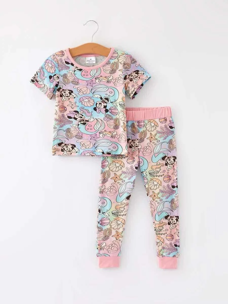 (Custom Design Preorder MOQ 5) Cartoon Mouse Shell Mermaid Print Girls Pajamas Clothes Set