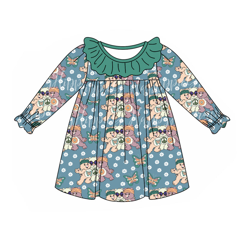 (Custom Design Preorder MOQ 5) Cartoon Bear Butterfly Print Girls Knee Length Fall Dress