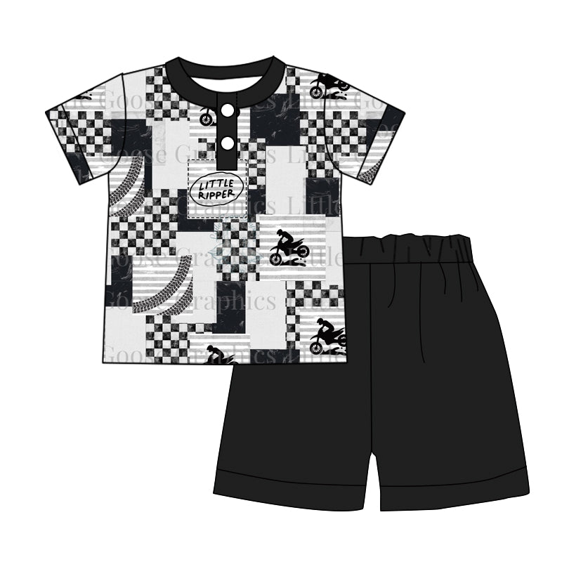3.13(Custom Design Preorder MOQ 5) Motorbike Polo Top Black Shorts Girls Summer Clothes Set