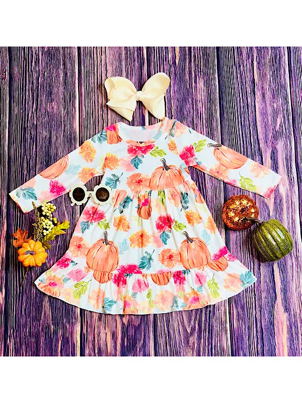 (Custom Design Preorder MOQ 5 ) Pumpkin Flowers Print Girls Fall Knee Length Dress