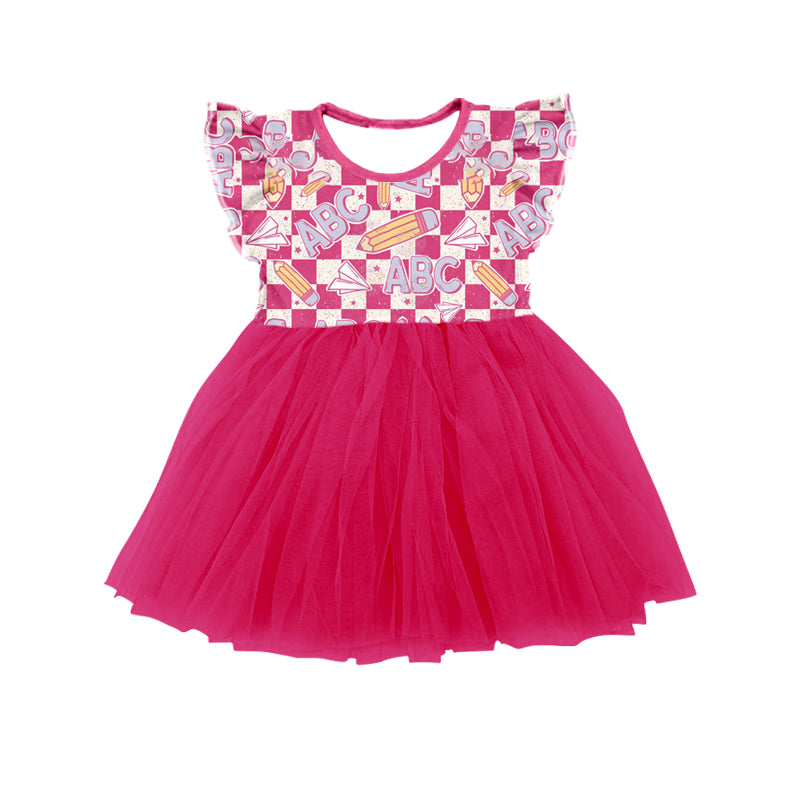 2.7(Custom Design Preorder MOQ 5) ABC Pen Plaid Print Girls Back to School Knee Length Tulle Dress
