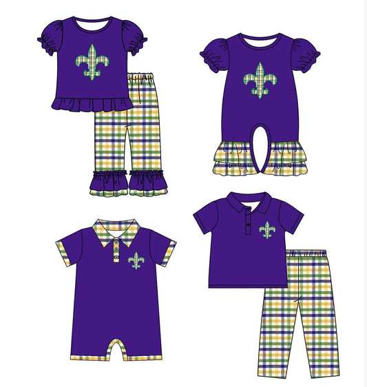 (Custom Design Preorder MOQ 5 Each Design) Anchor Purple Plaid Print Kids Mardi Gras Matching Clothes Sibling Wear