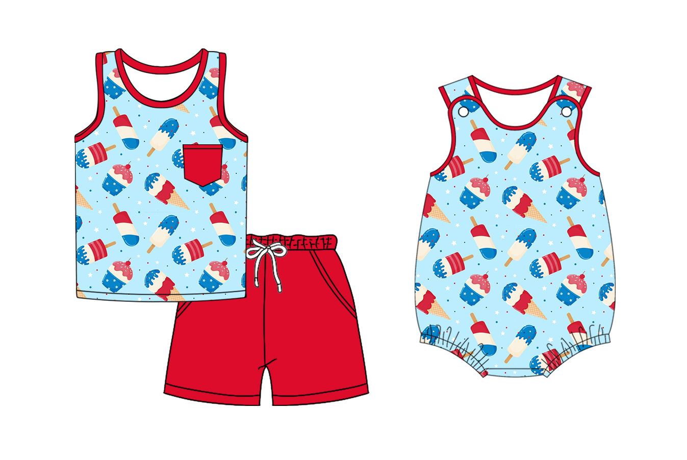 12.23 (Custom Design Preorder MOQ 5 Each Design) Ice Cream Stars Print Boys 4th of July Matching Clothes Brothers Wear