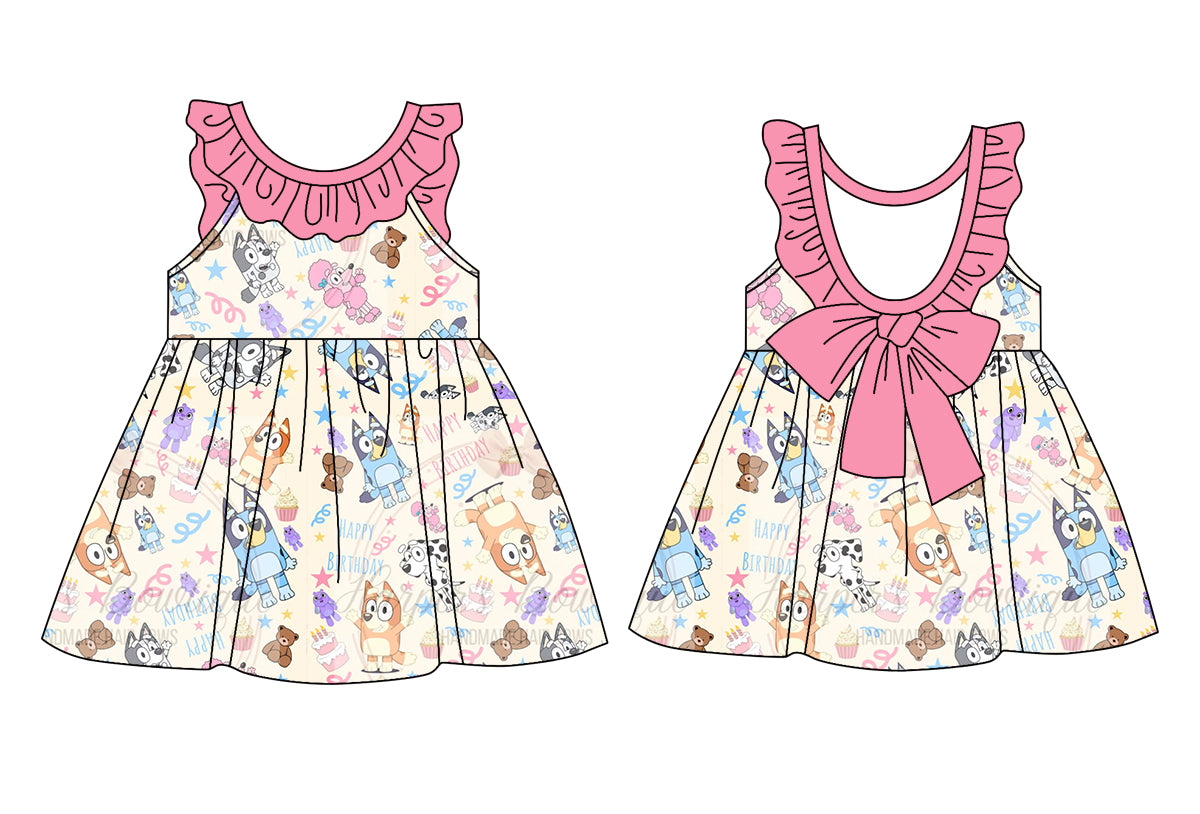 (Custom Design Preorder MOQ 5) Cartoon Dog Happy Birthday Print Girls Summer Knee Length Dress