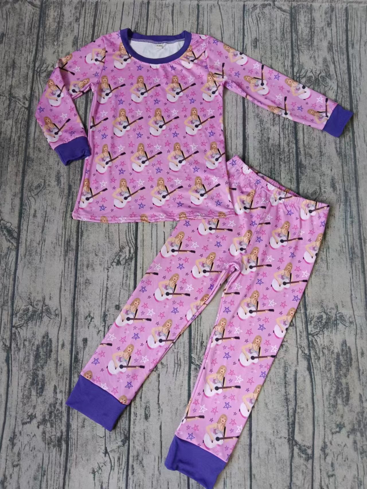 (Custom Design Preorder MOQ 5) Singer Swiftie Stars Pink Print Girls Fall Pajamas Clothes Set
