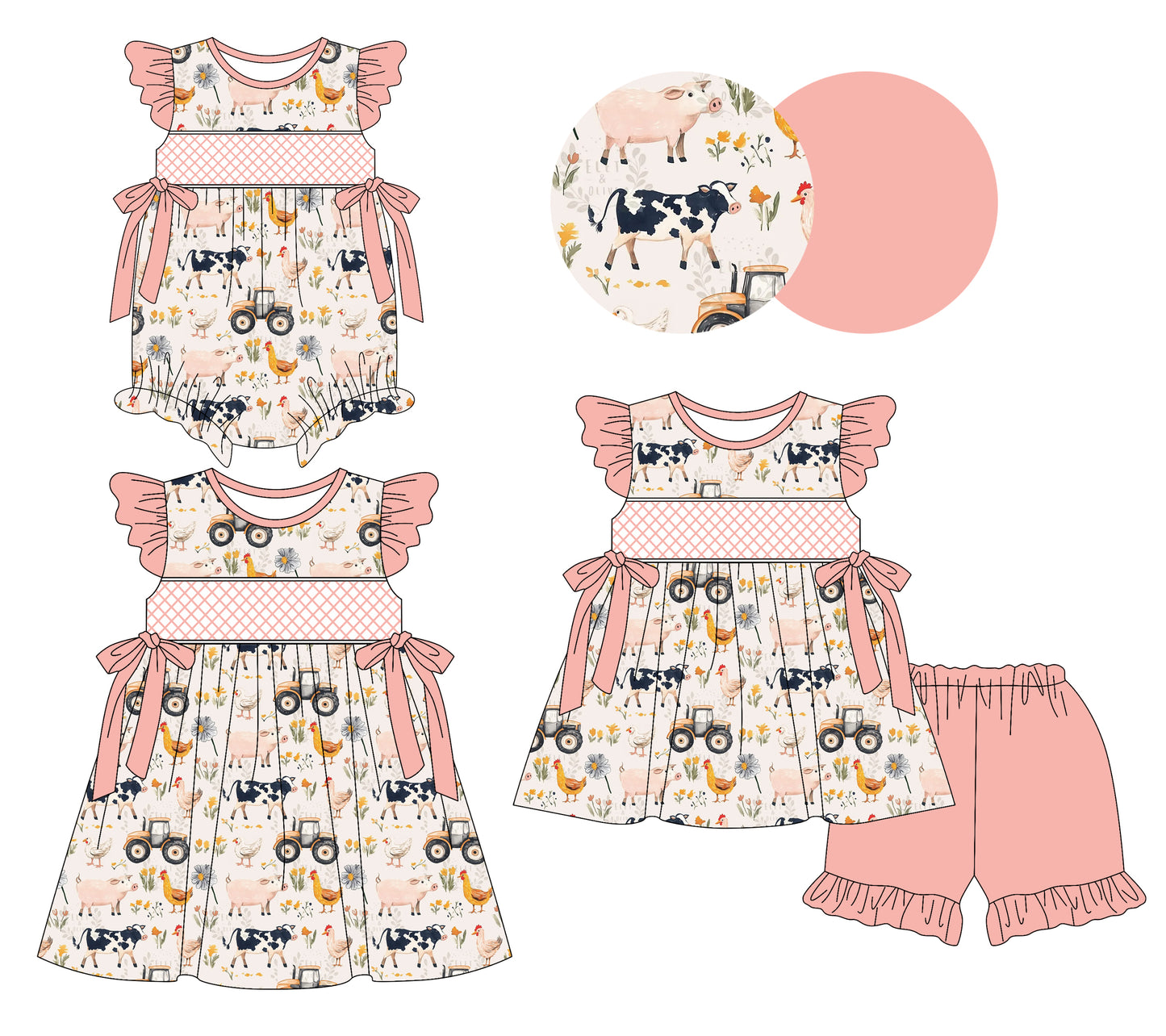 3.10(Custom Design Preorder MOQ 5 Each Design) Farm Animals Flowers Print Girls Summer Matching Clothes Sisters Wear