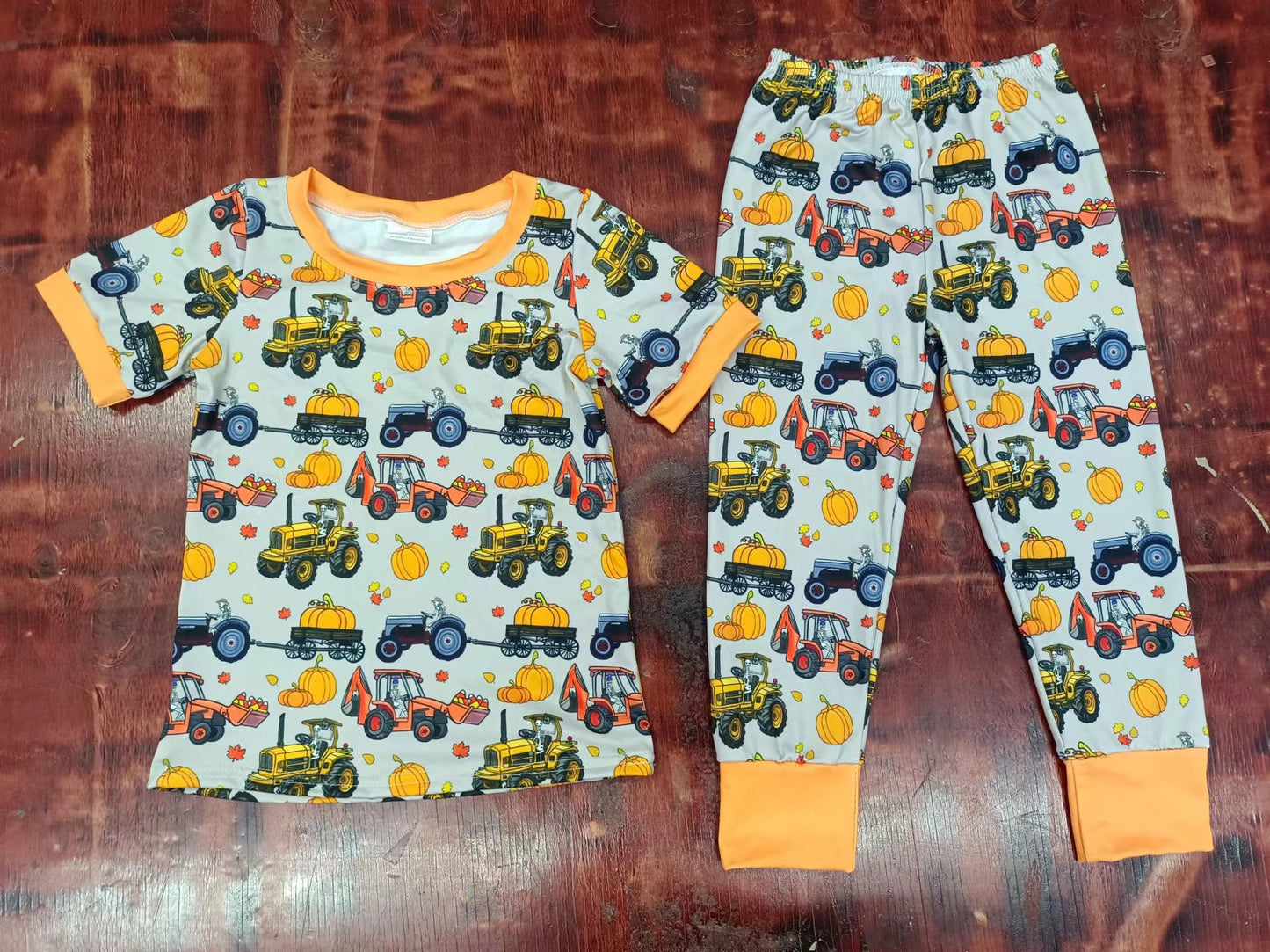 (Custom Design Preorder MOQ 5) Tractors Pumpkin Print Kids Fall Pajamas Clothes Set