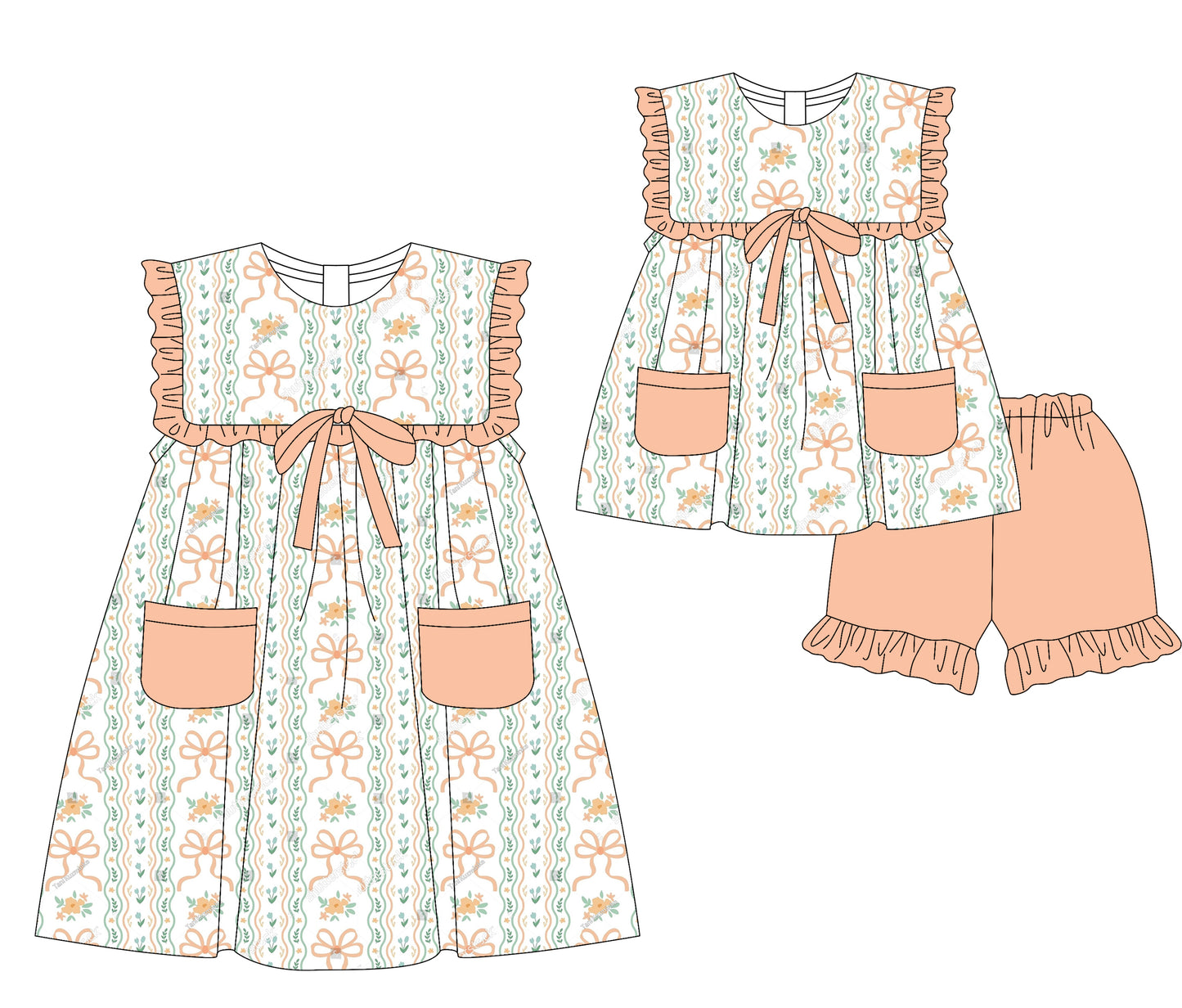 3.5(Custom Design Preorder MOQ 5 Each Design) Orange Flowers Bows Print Pockets Girls Summer Matching Clothes Sisters Wear