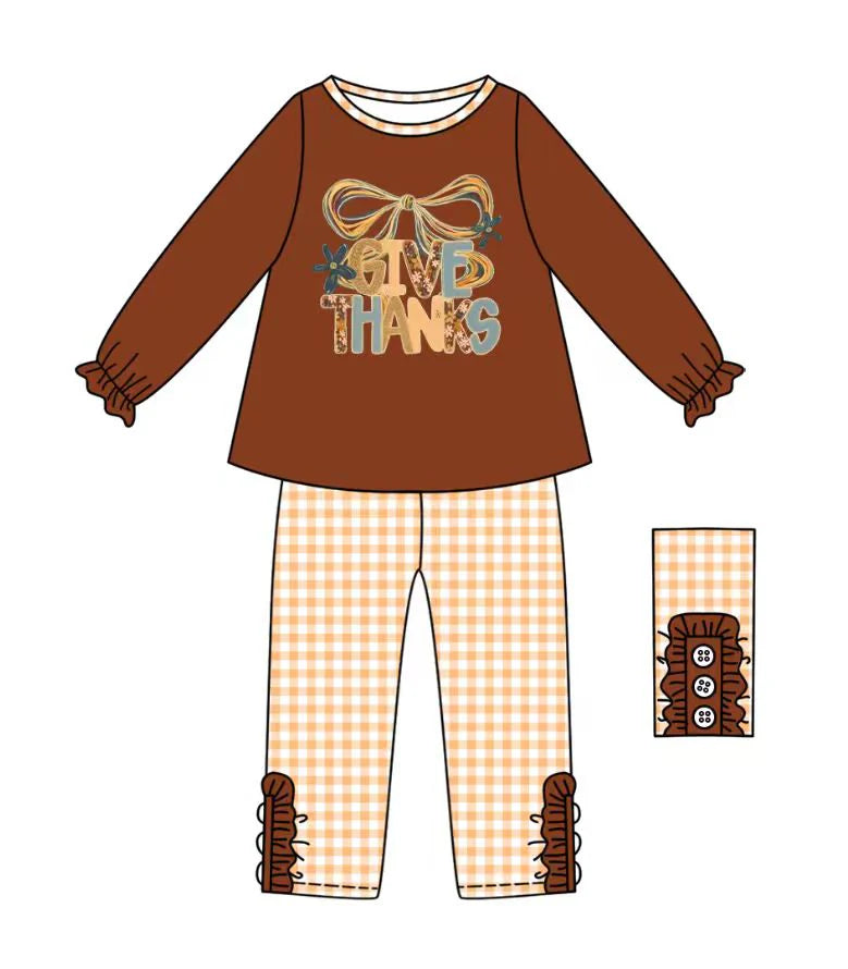 (Custom Design Preorder MOQ 5) GIVE THANKS Brown Top Plaid Pants Girls Fall Clothes Set