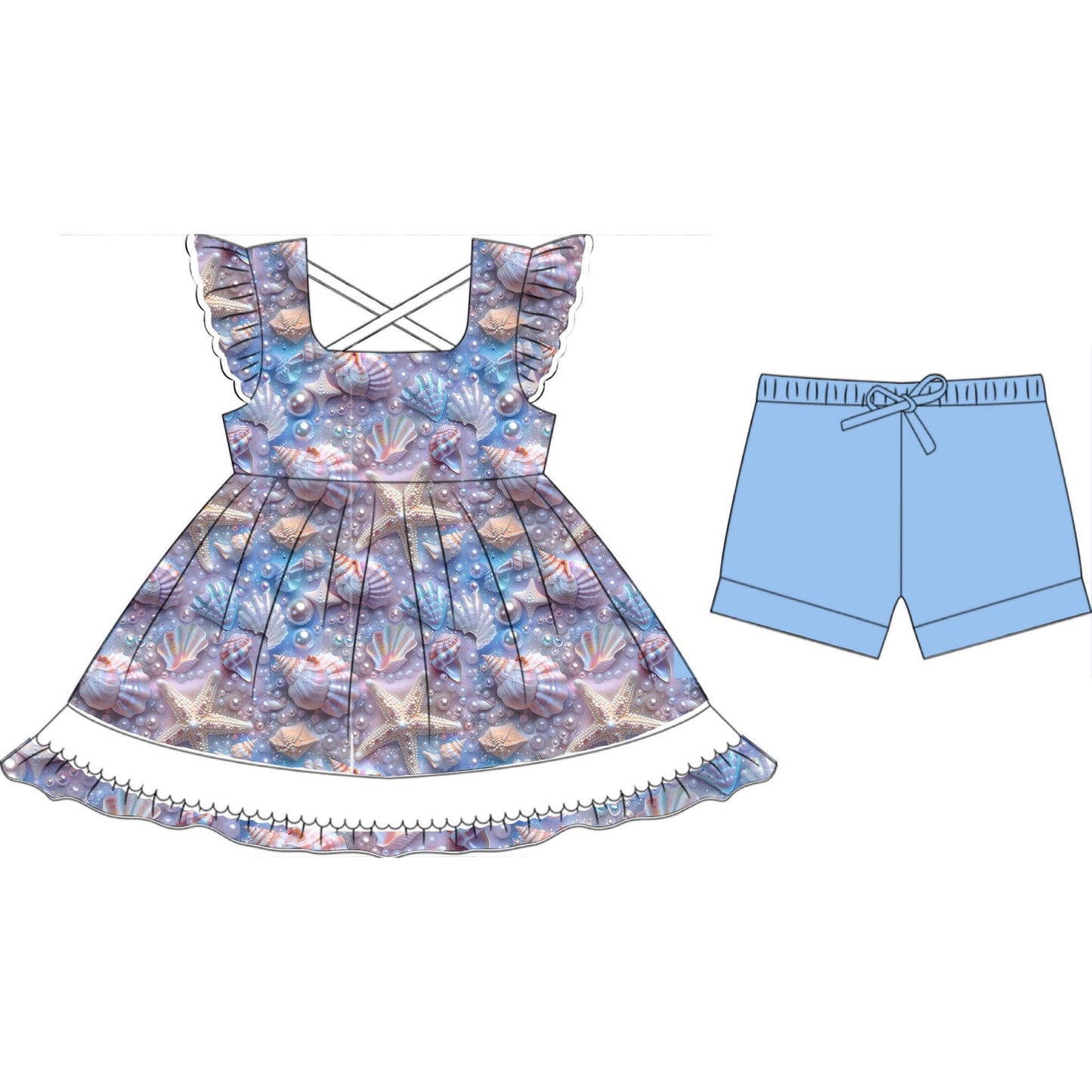 (Custom Design Preorder MOQ 5) Shell Tunic Top Blue Shorts Girls Summer Clothes Set