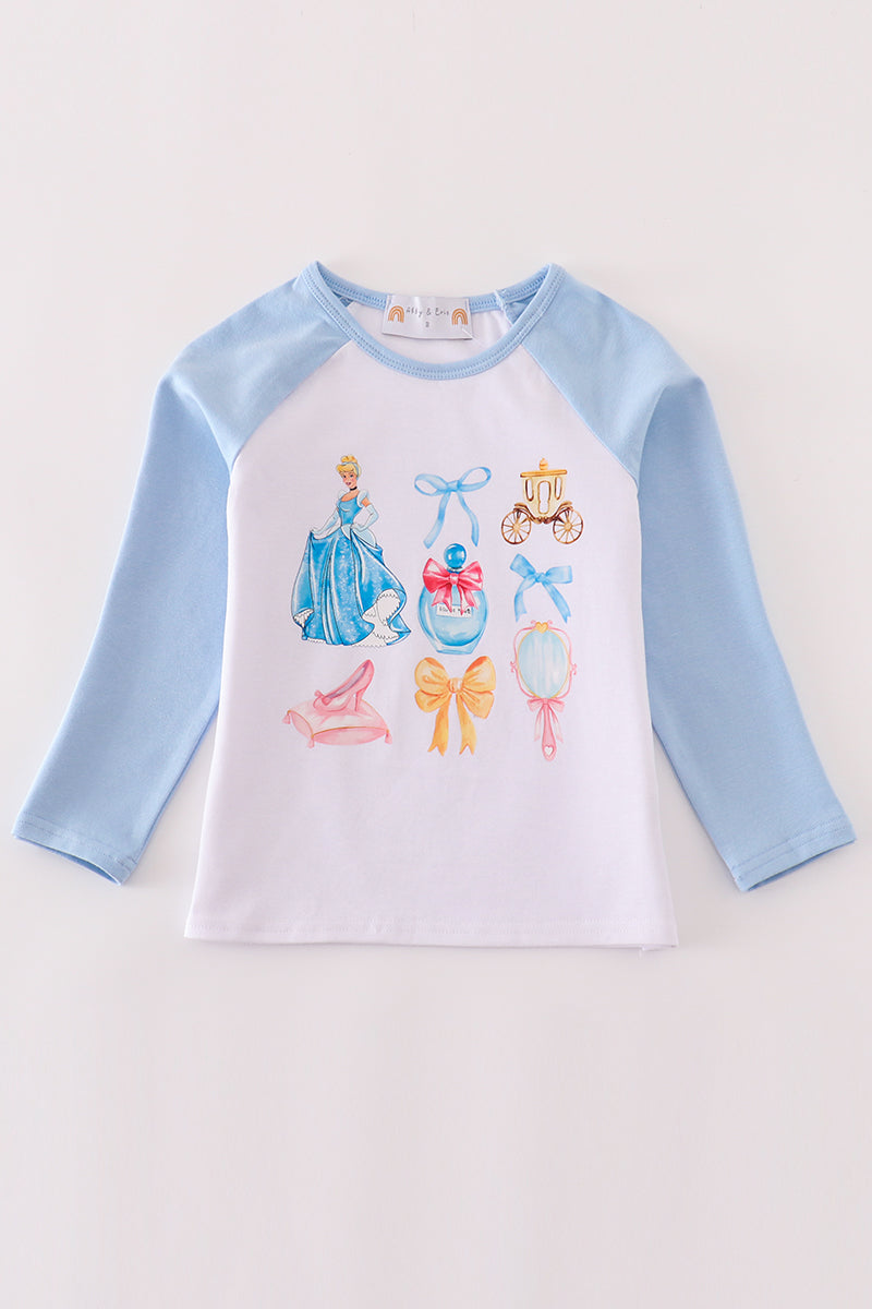 (Custom Design Preorder MOQ 5) Cartoon Princess Blue Print Girls Tee Shirts Top