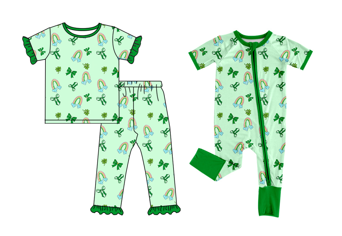 12.8 (Custom Design Preorder MOQ 5 Each Design) Rainbow Leaf Bows Print Girls St. Patrick's Day Pajamas Matching Clothes Sisters Wear