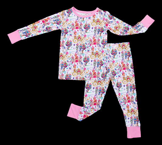 (Custom Design Preorder MOQ 20) Colorful Flowers Castle Unicorn Print Girls Spring Bamboo Pajamas Clothes Set