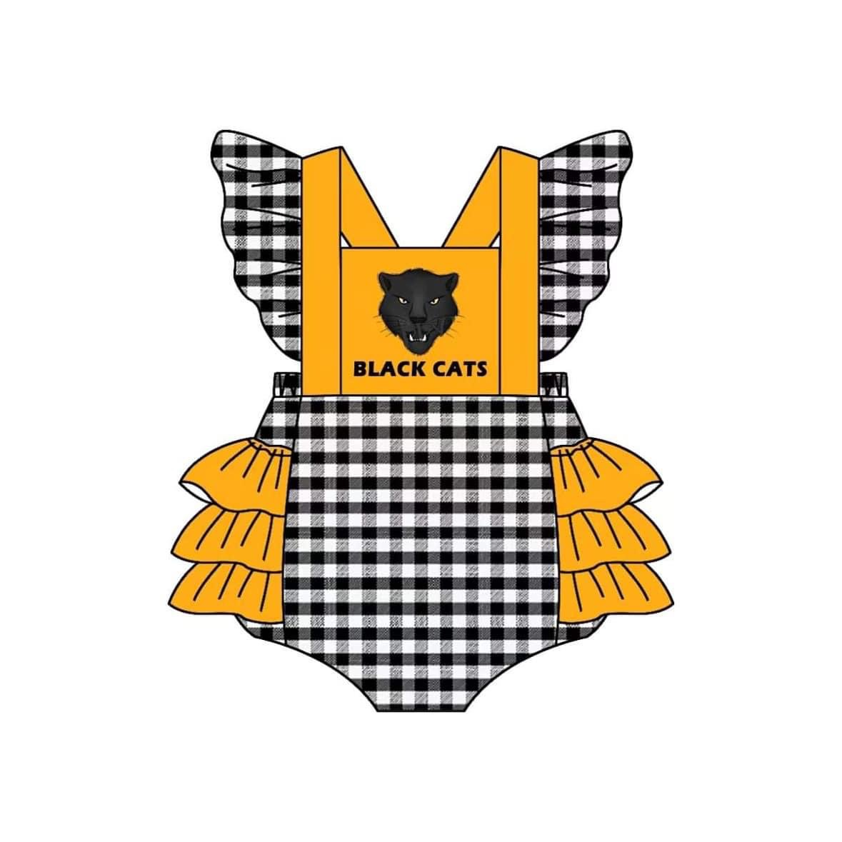 (Custom Design Preorder MOQ 5) Team's BLACK CATS Print Baby Girls Summer Romper