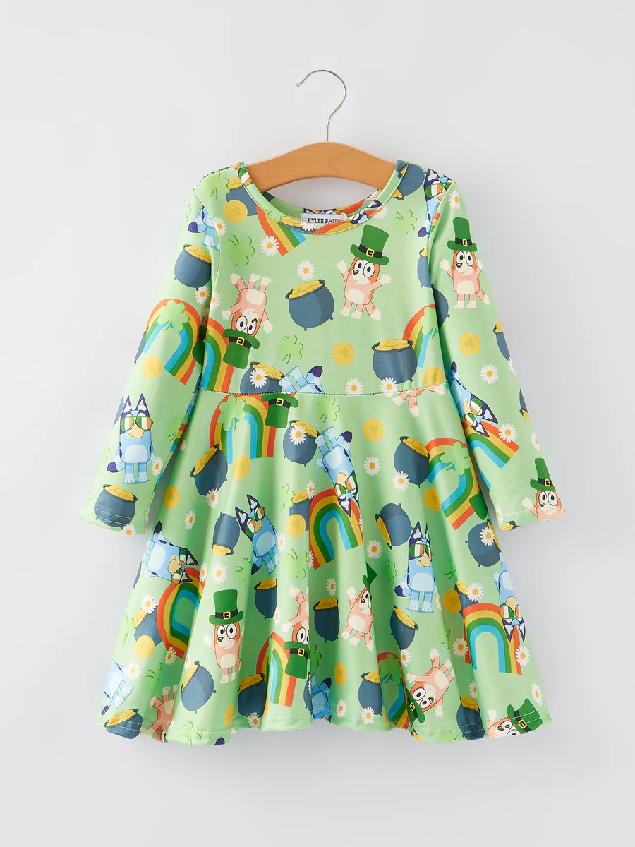 (Custom Design Preorder MOQ 5) Cartoon Dog Rainbow Print Girls St. Patrick's Day Knee Length Dress