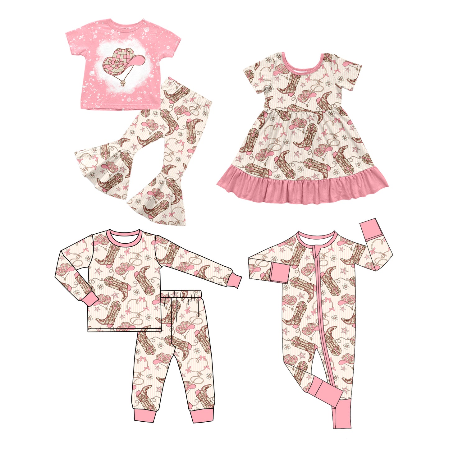 11.11(Custom Design Preorder MOQ 5 Each Design) Boots Hat Flowers Print Girls Western Matching Clothes Sisters Wear