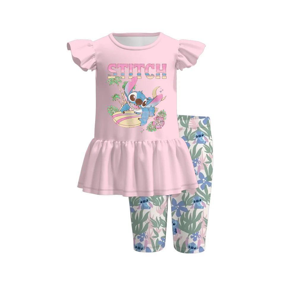 (Custom Design Preorder MOQ 5) Cartoon Animals Stitc* Tunic Top Shorts Girls Summer Clothes Set