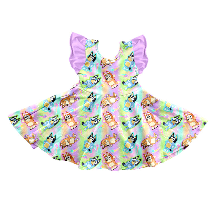 (Custom Design Preorder MOQ 5) Cartoon Dog Tie-dye Print Girls Knee Length Summer Dress