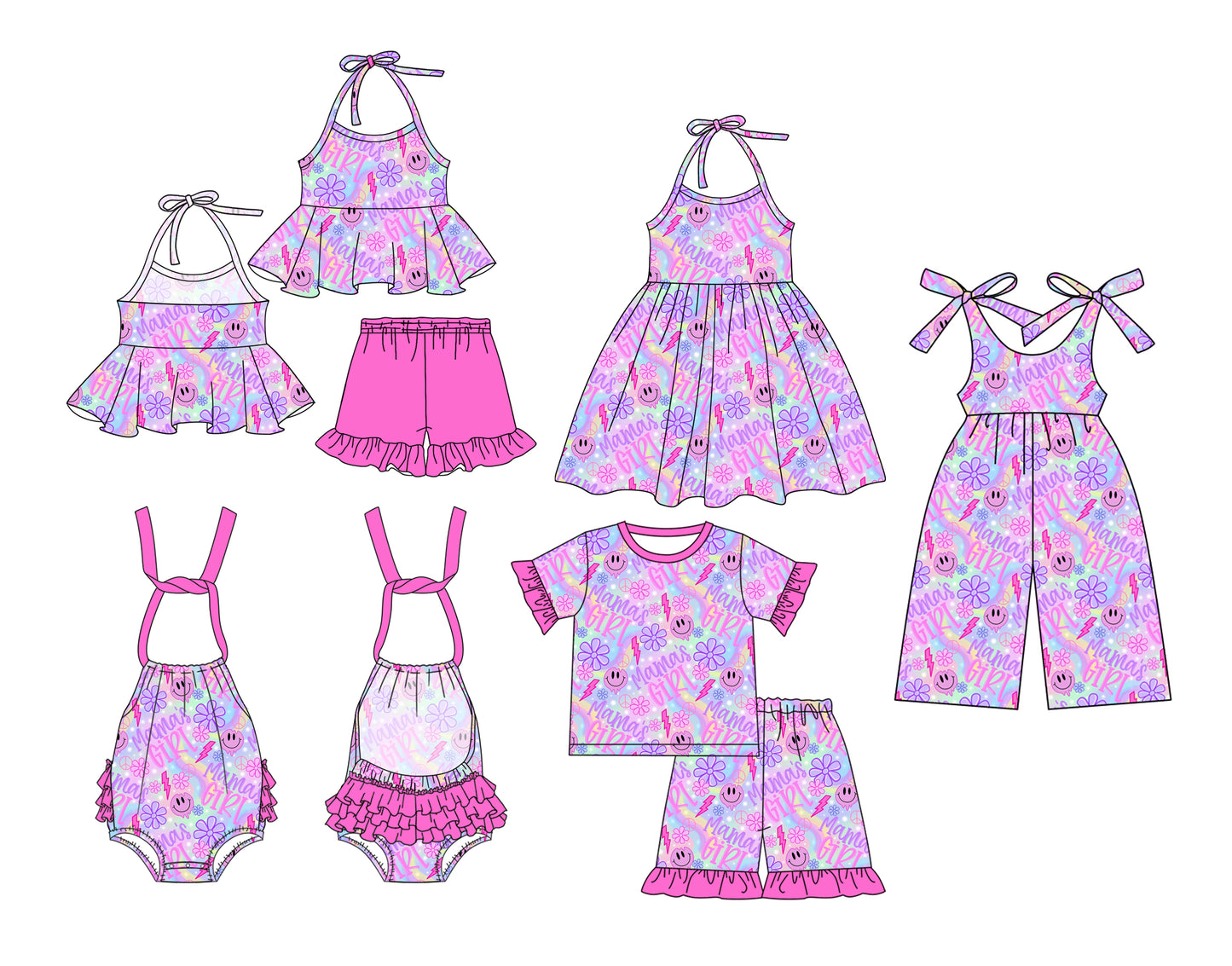 1.4(Custom Design Preorder MOQ 5 Each Design) MAMA'S GIRL Smiling Face Flowers Print Girls Summer Matching Clothes Sisters Wear