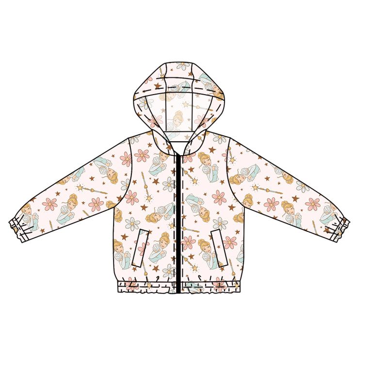 (Custom Design Preorder MOQ 5 ) Cartoon Princess Flowers Print Girls Hoodie Zipper Pockets Jackets Top