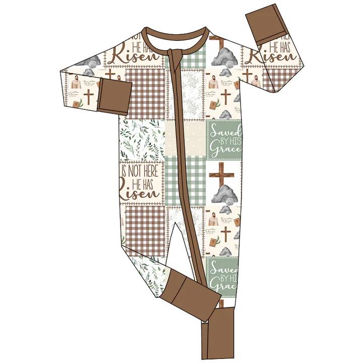 (Custom Design Preorder MOQ 5) Risen Cross Plaid Print Baby Boys Easter Zipper Sleeper Romper