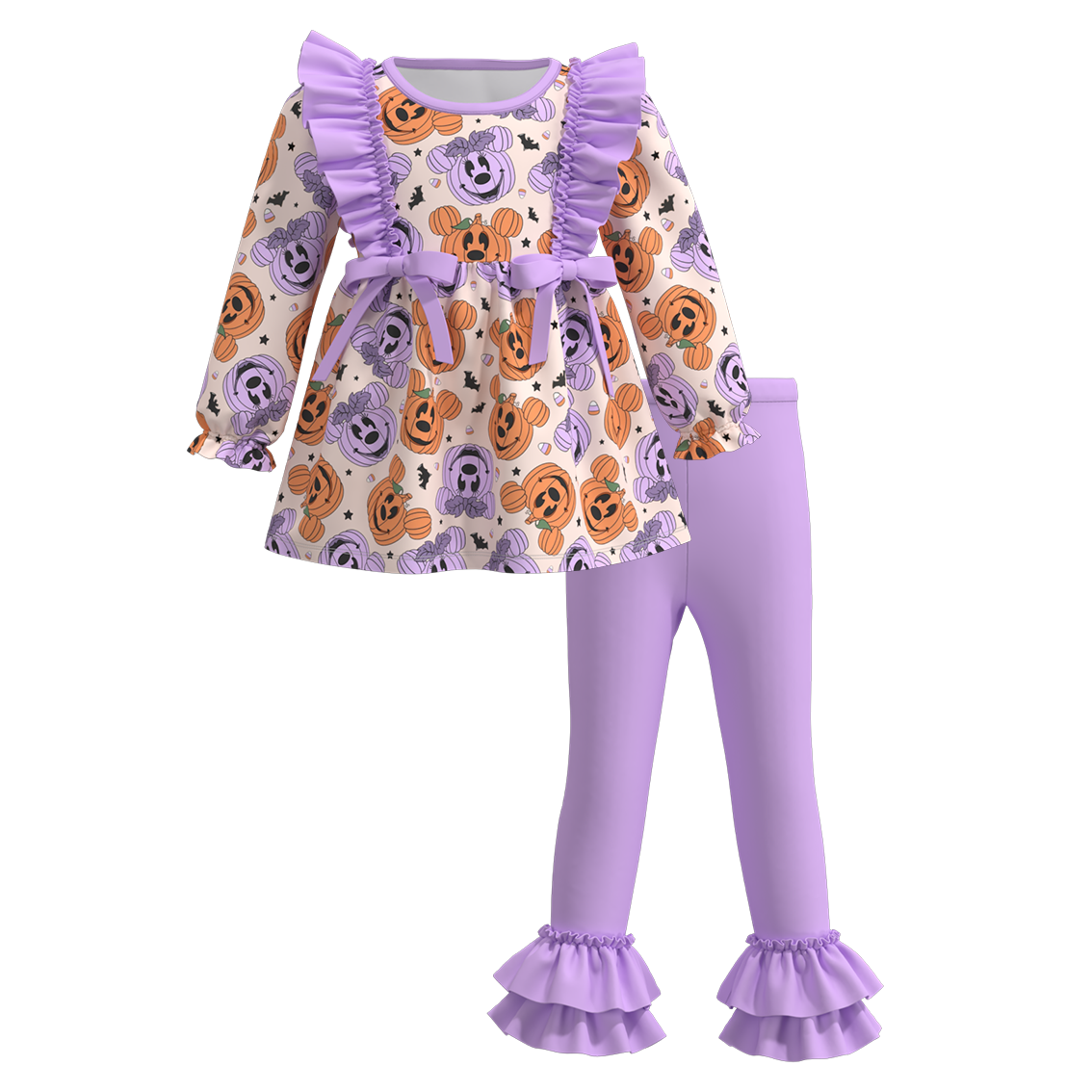 (Custom Design Preorder MOQ 5) Cartoon Mouse Pumpkin Tunic Top Purple Pants Girls Clothes Set