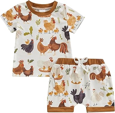 (Custom Design Preorder MOQ 5) Chicken Brown Shorts Boys Summer Clothes Set