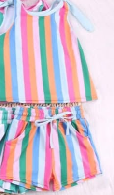 (Custom Design Preorder MOQ 5) Colorful Stripes Print Pockets Shorts Girls Summer Clothes Set