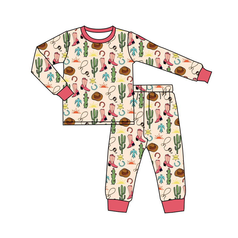 (Custom Design Preorder MOQ 20) Boots Cactus Print Girls Western Bamboo Pajamas Clothes Set