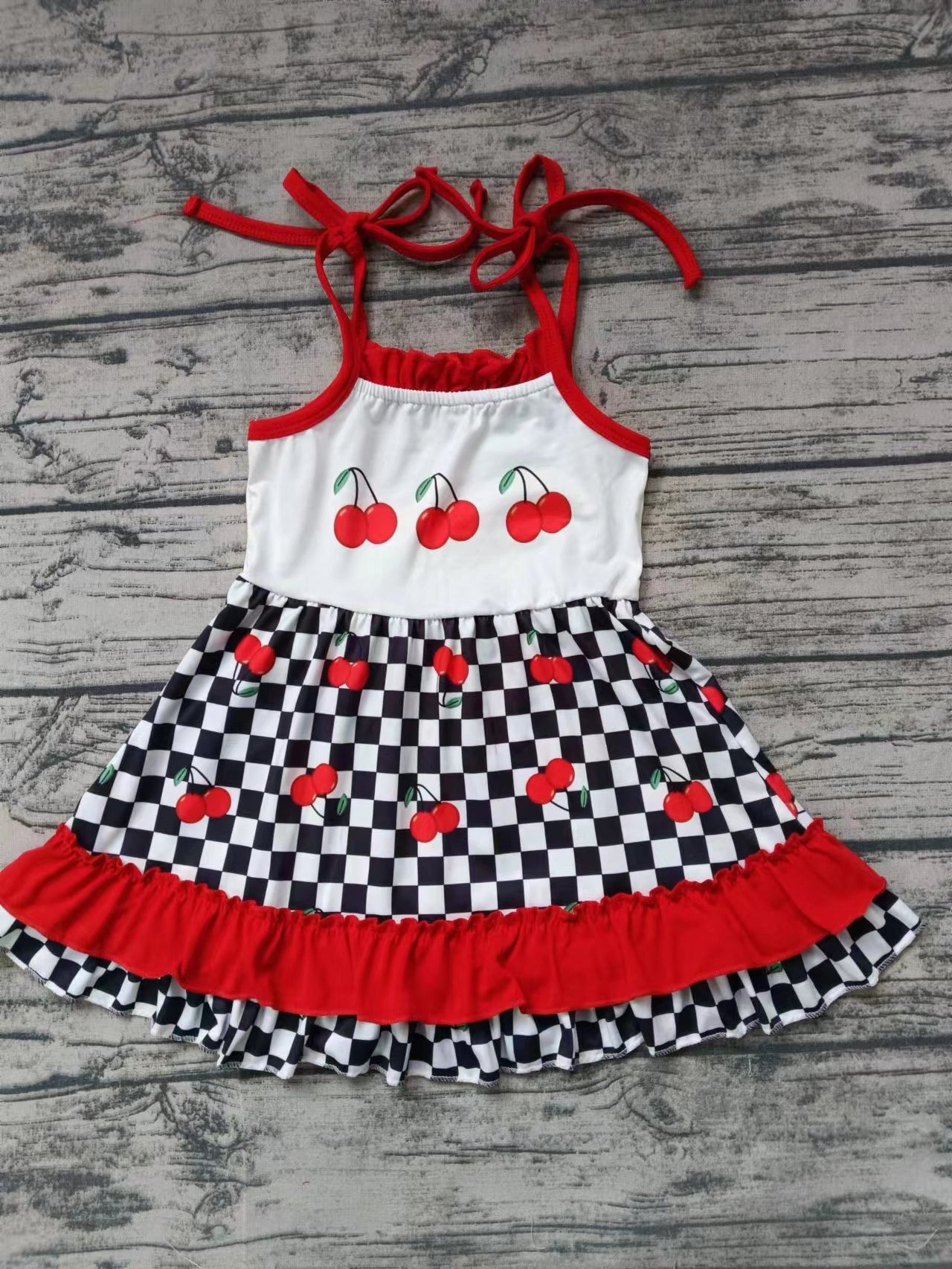 (Custom Design Preorder MOQ 5) Cherry Black Plaid Print Girls Summer Knee Length Strap Dress