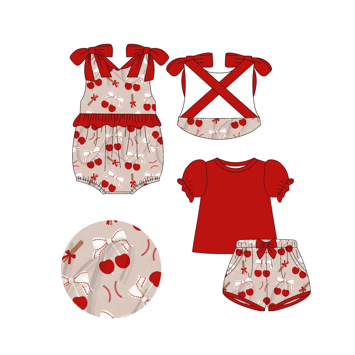 4.14(Custom Design Preorder MOQ 5 Each Design) Cherry Baseball Bows Print Girls Summer Matching Clothes Sisters Wear