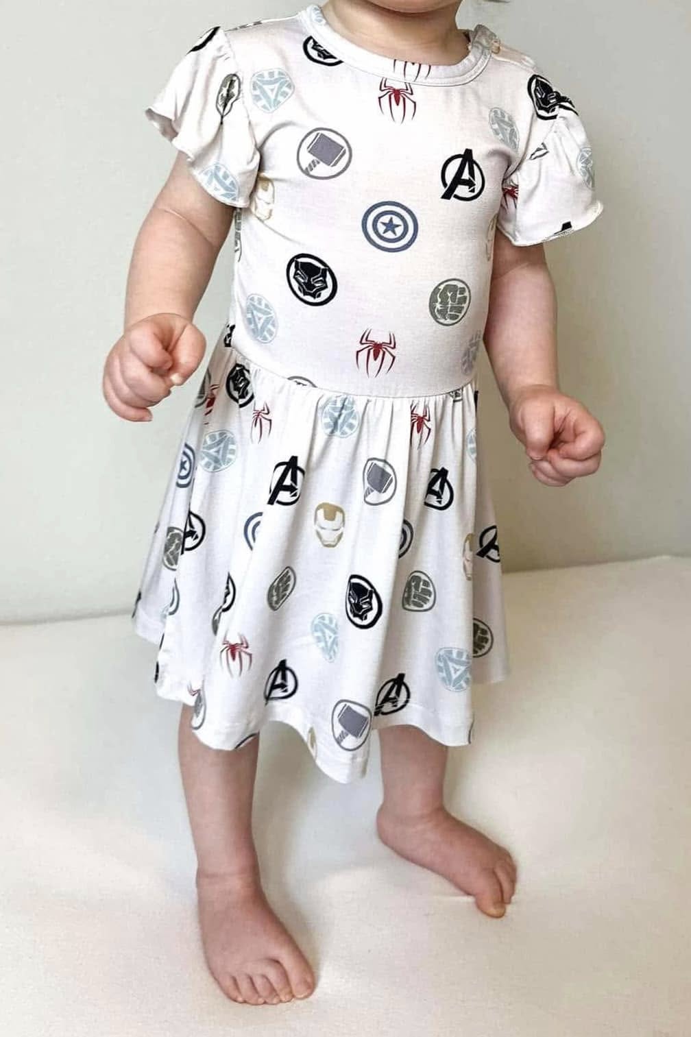 (Custom Design Preorder MOQ 5) Cartoon Hero Logo Print Girls Knee Length Summer Dress