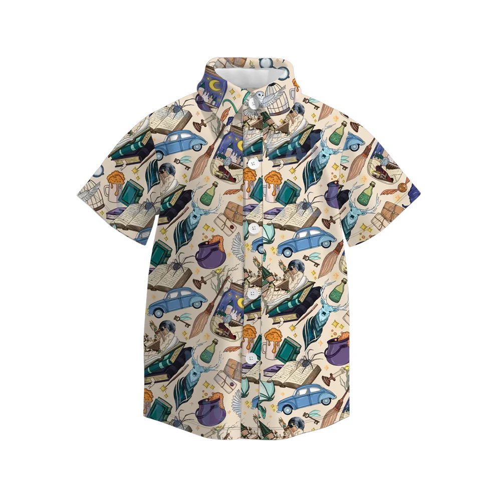 (Custom Design Preorder MOQ 5) Cartoon Magic Books Print Boys Summer Tee Shirts Top