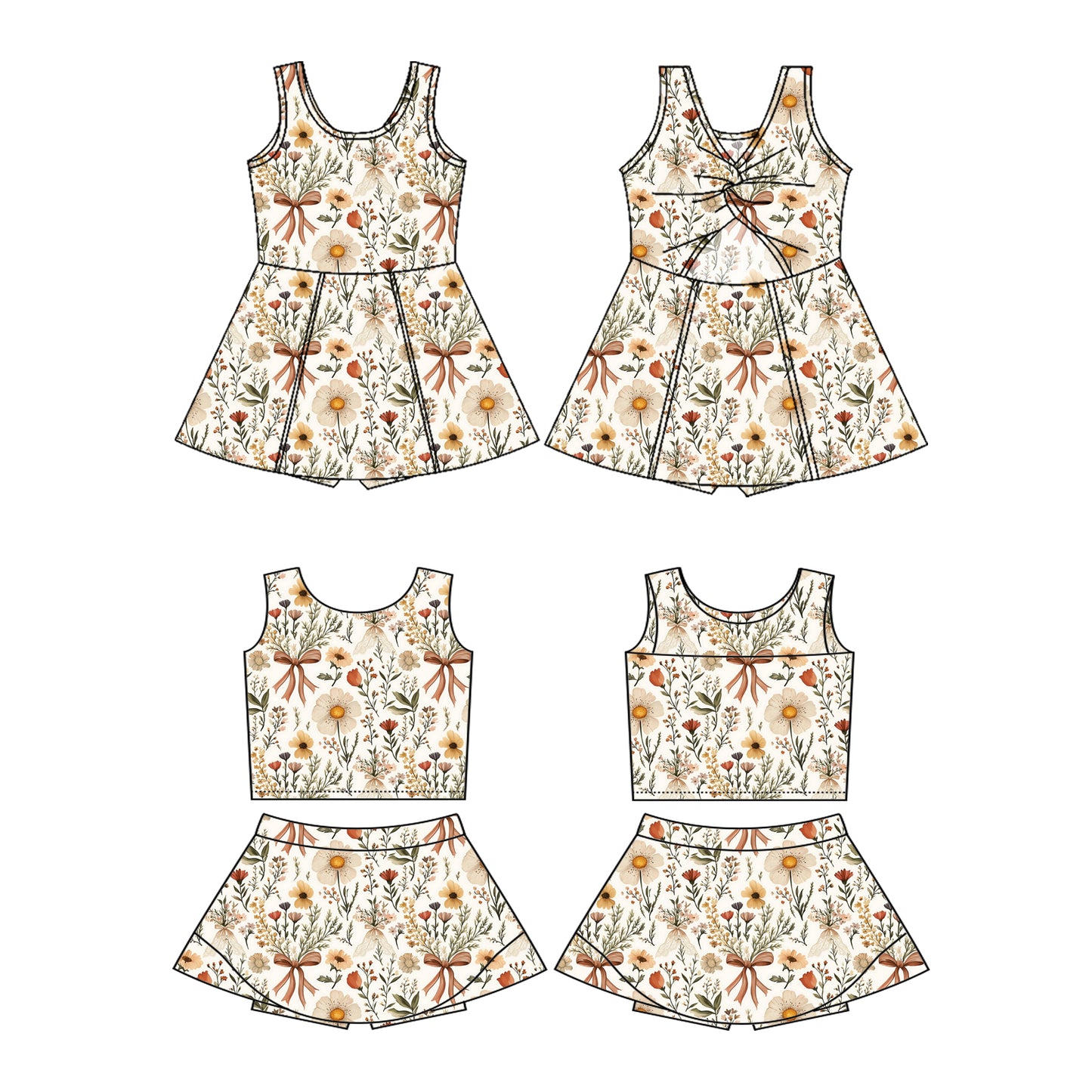 2.22(Custom Design Preorder MOQ 5 Each Design) Flowers Bows Print Girls Summer Matching Clothes Sisters Wear