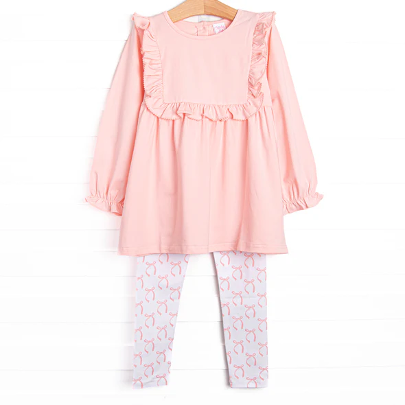 (Custom Design Preorder MOQ 5) Pink Tunic Top Small Bows Pants Girls Fall Clothes Set