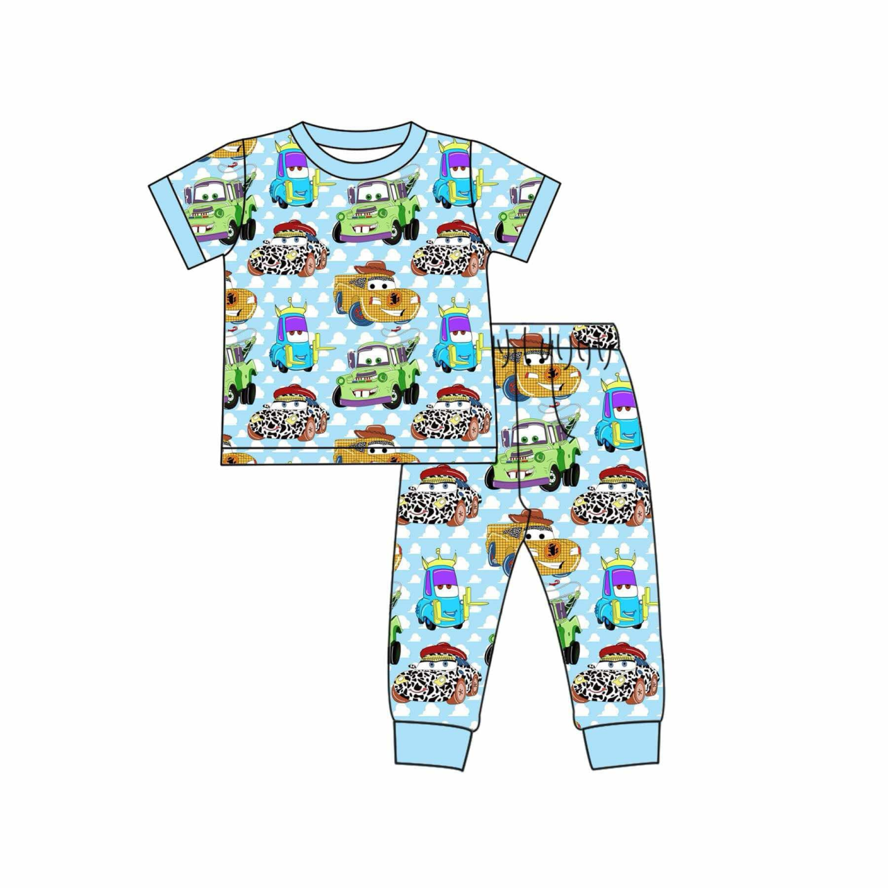 (Custom Design Preorder MOQ 5) Cartoon Cars Print Kids Pajamas Clothes Set